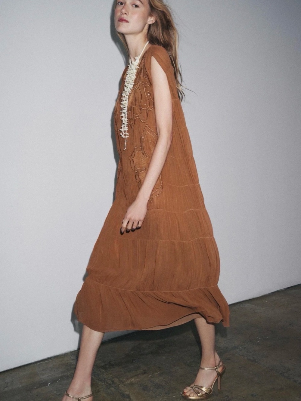 Zara Brown/Tan Midi Dress with Textured Tiered Skirt